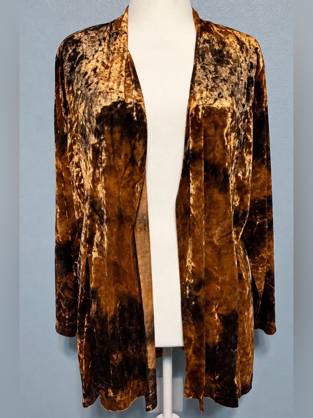 Susan Graver Crushed Gold Velvet Cardigan Duster Open Front XL Whimsigoth